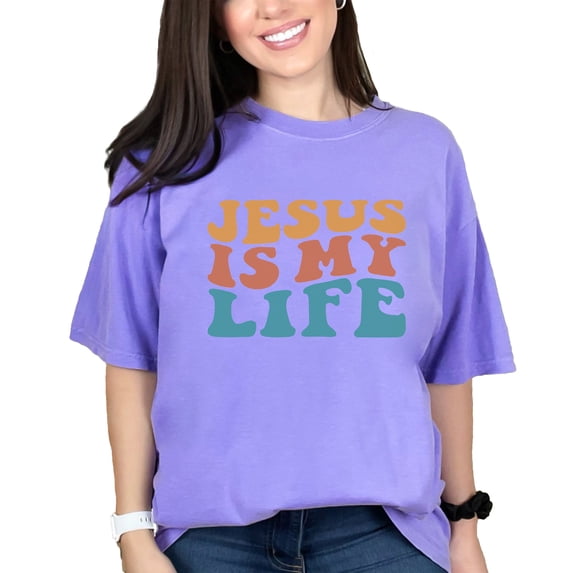Jesus Is My Life, Quote About Christ Being Your All in All, Groovy Retro Wavy Text, Violet Comfort Colors T-Shirt, 3XL