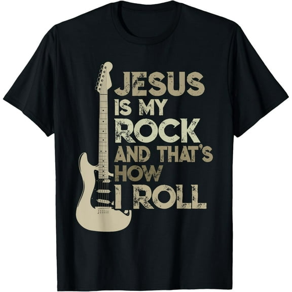 Jesus Is My Rock And That Is How I Roll Christian Guitarist T-ShirtMen and women, White Black T-shirt, size: Extra large S-1273XL