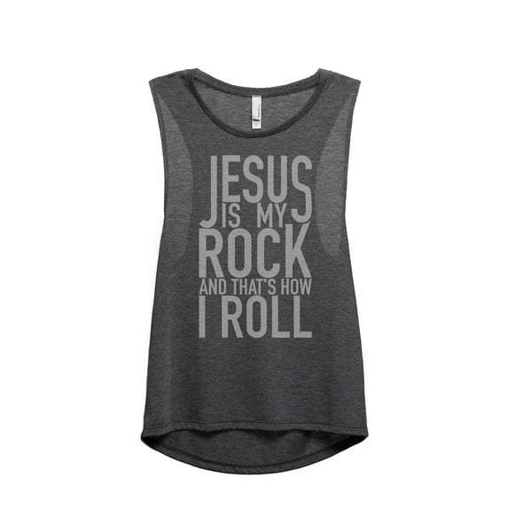 Jesus Is My Rock And That's How I Roll Women's Fashion Sleeveless Muscle Workout Yoga Tank Top Charcoal Grey 2X-Large