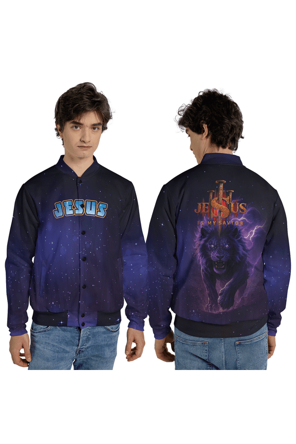 Jesus Is My Savior Baseball Jacket, Christian Lion Faith Baseball Jacket, Religious Night Sky Outerwear