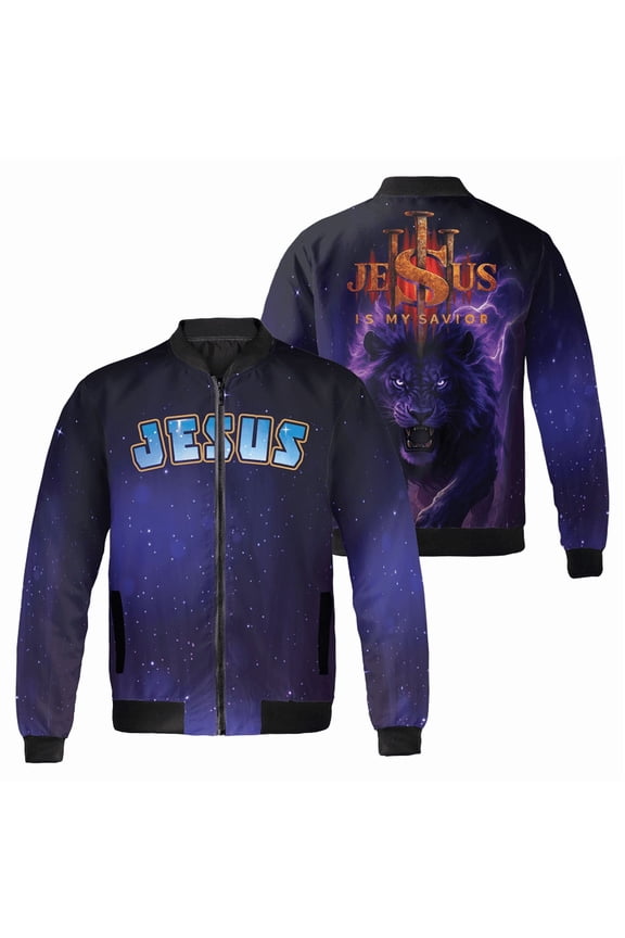 Jesus Is My Savior Bomber Jacket – Lion of Judah Christian Faith Outerwear for Men and Women – Bold Spiritual Design