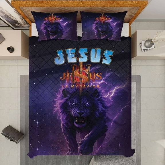Jesus Is My Savior Quilt Bedding Set – Lion of Judah Christian Quilt Blanket & Pillowcases – Purple Faith Quilt Set– Religious Bedroom Decor