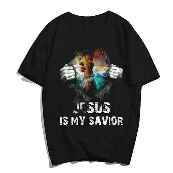 Jesus Is My Savior T-Shirt Pray Faith Casual Christ Women Men Christian Cross Graphics Summer Tops Gift Tee Black 4X-Large