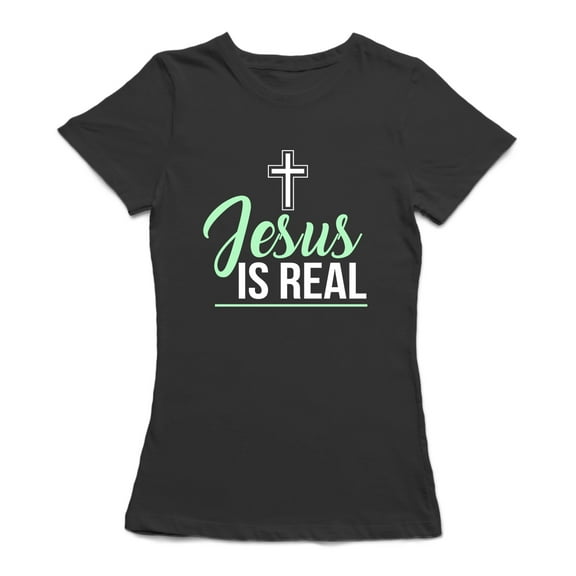 "Jesus Is Real" Medium Front Quote Cross Graphic Women's Black T-shirt