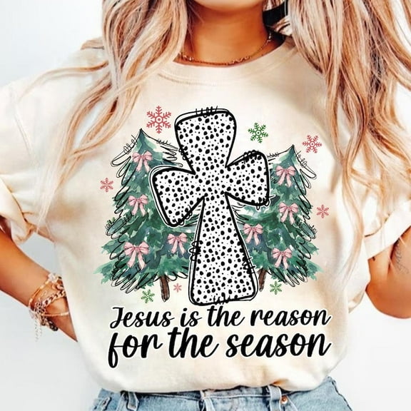 Jesus Is The Reason For The Season T-Shirt, Christian Christmas Tree Shirt, Coquette Holiday Tee, Hand-Drawn Dalmatian Dots Christmas Shirt
