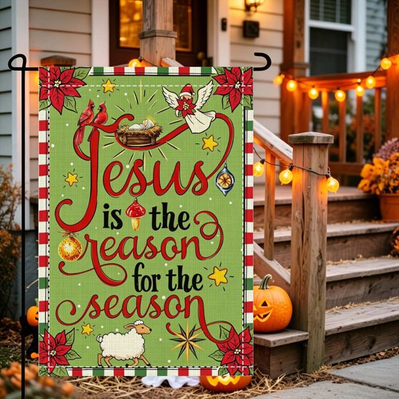 Jesus Is The Reason Season Garden Flag, Polyester, 12x18 inch, Double Sided, Winter Seasonal Yard Ornament