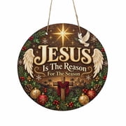 Jesus Is The Reason for The Season Round Wooden Door Sign 11.8", Christian Christmas Hanging Wood Sign for Front Door Decor