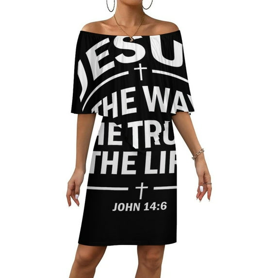 Jesus Is The Way The Truth And The Life Women's Off The Shoulder Ruffles Summer Wedding Guest Loose Casual Party Beach Dress