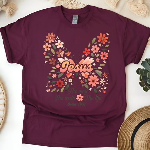 Jesus John 14:6 Butterfly Floral Christian Graphic T-Shirt, Maroon, Size M