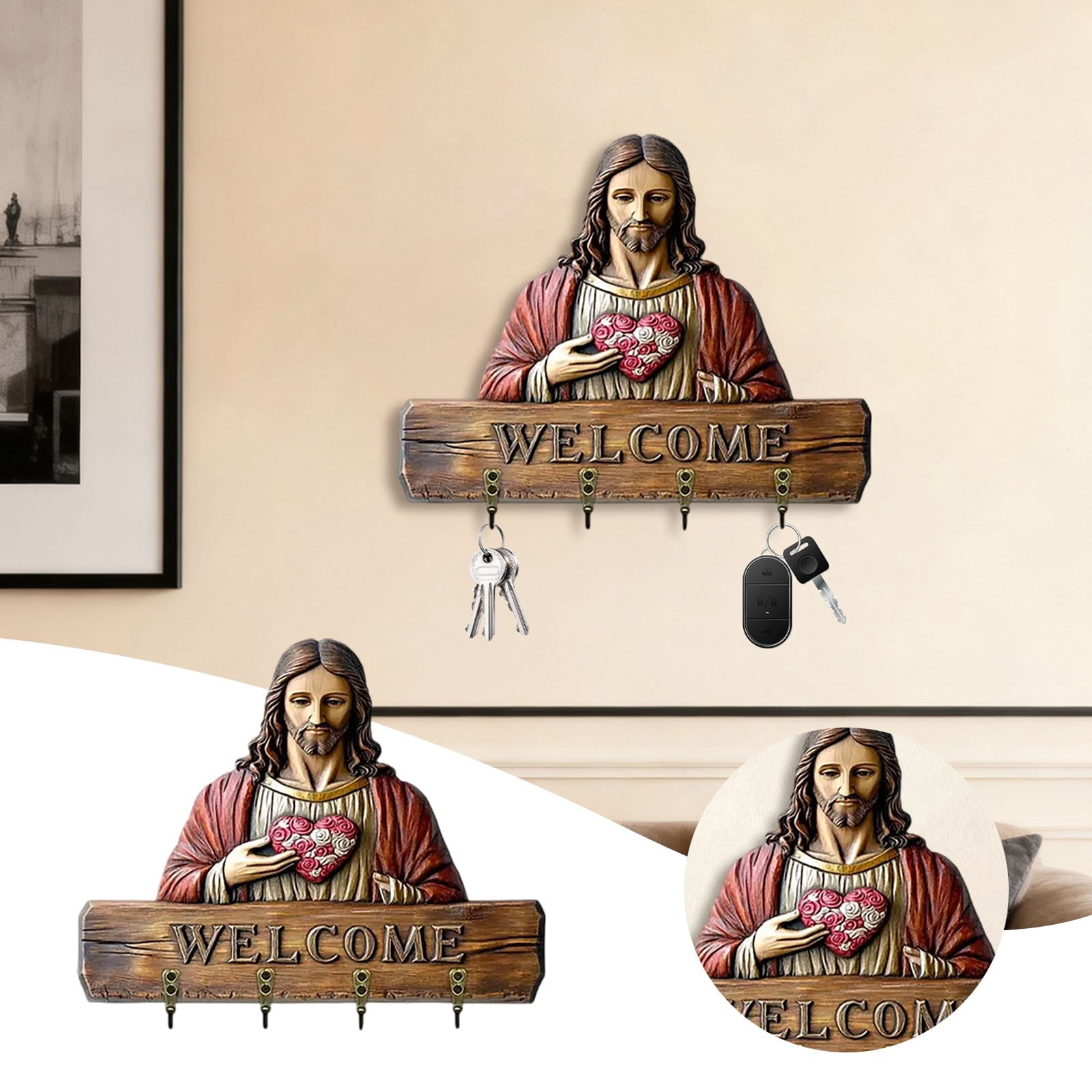 Jesus Key Holder for Wall Wooden Welcome Sign Key Rack, Sacred Heart ...