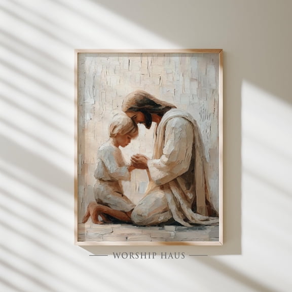 Jesus Kneeling With Child Praying Christian Art Modern Christ And Boy Scene Bible Picture Religious Wall Warm Present Vintage UNFRAMED Poster Size 8x12