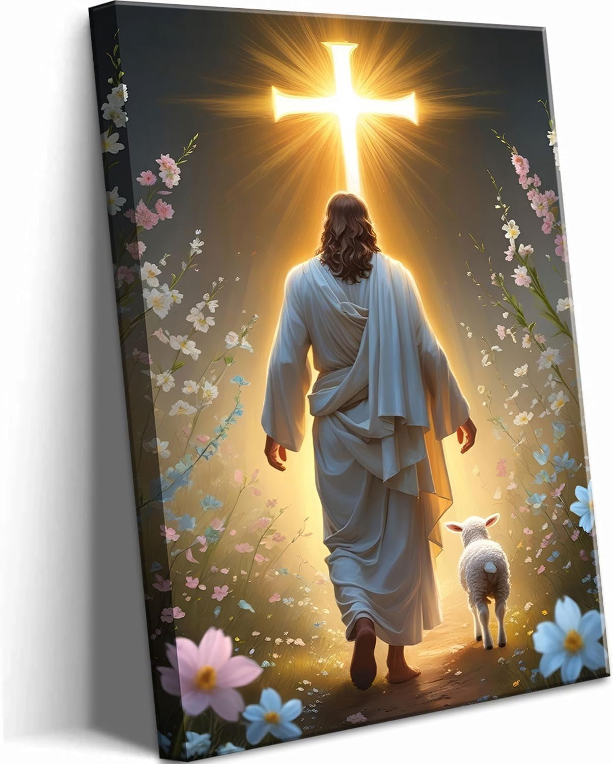 Jesus and Lamb Canvas Wall Art Christian Cross Jesus Walking Toward ...