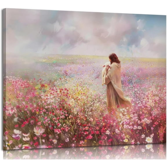Jesus and Lamb Canvas Wall Art The Lost Lamb Christian Painting Picture Wall Decor God Religious Belief Poster Print Artwork for Church Bedroom Living Room Home Decoration,16x12in Canvas