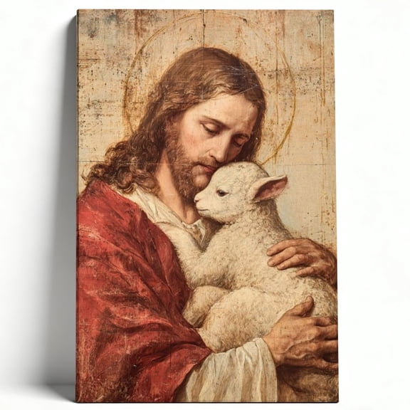 Jesus And The Lamb Framed Canvas Wall Art - Religious Christian Print, Spiritual Sacred Heart Painting, Inspirational Bible Verse Wall Decor For Church, Bedroom, Living Room, Office 8*12inch(20*30cm)