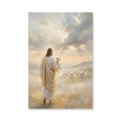 Jesus with Lamb Wall Art, Good Shepherd Painting Canvas, Christian Home Decor, Modern Jesus Art, Religious Canvas Decor for Wall Poster Bedroom Living Room 8x12 In Unframed