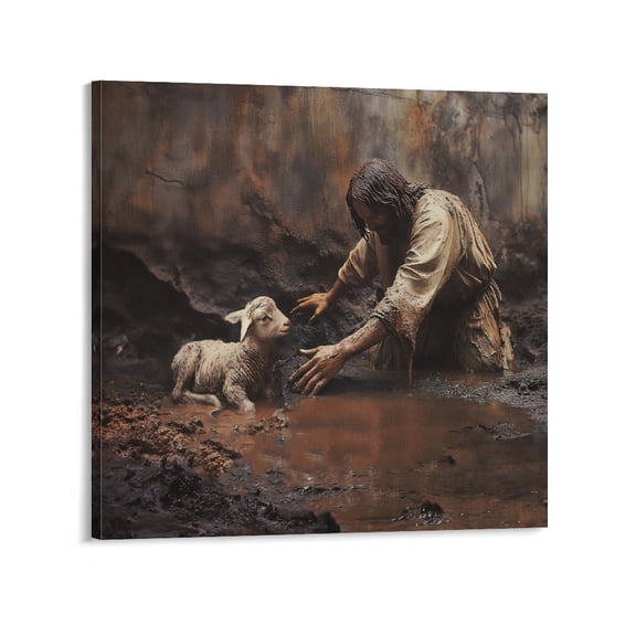 Jesus And The Lamb Wall Art Jesus Saves The Muddy Lamb Canvas Painting Print Good Shepherd Picture Poster Wall Art Poster Scroll Canvas Painting Picture Living Room Decor Home 24x24inch(60x60cm)