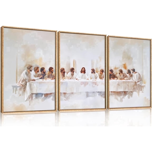 Jesus Last Supper Framed Canvas Wall Art Set, Christian Twelve Apostle Wall Decor, Bible Renaissance wall Painting, Religious Picture Art Print for Living Room, Bedroom, Church, Large 16"x24"x3