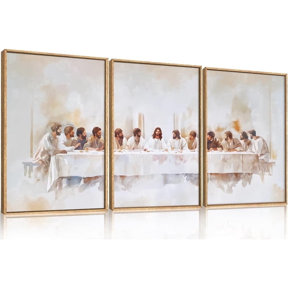 Jesus Last Supper Framed Canvas Wall Art Set, Christian Twelve Apostle Wall Decor, Bible Renaissance wall Painting, Religious Picture Art Print for Living Room, Bedroom, Church, Large 16"x24"x3