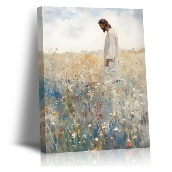 Jesus Leaves the 99 Christian Canvas poster Wall Art Inspirational Painting of Jesus in Autumn Wildflowers Religious Faith Art Picture Print Christian Décor for Home Living Room and Church