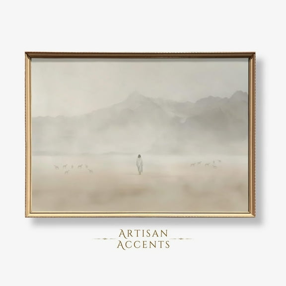 Jesus Leaves The 99, Mountain Landscape, Beige, White, Neutral Art, Lost Sheep Shepherd, Modern Bible Christian Faith Art UNFRAMED PAPER POSTER, Home Decor, Vintage Gift, Living Room Dercor