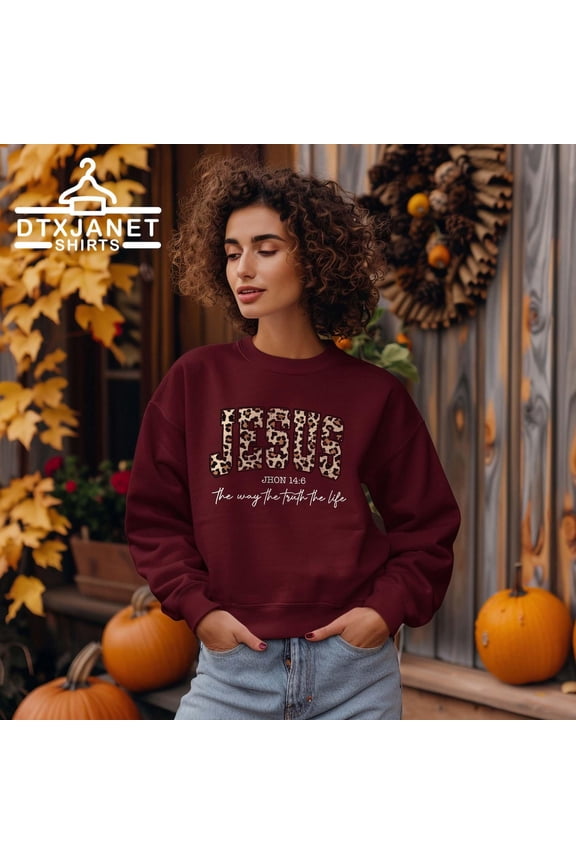 Jesus Leopard Print Sweatshirt, Christian Faith Pullover, John 14:6 Bible Verse Crewneck,Religious Women Men,Faith Based Sweatshirt All Size S-5Xl