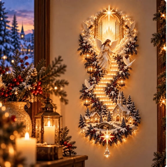 Jesus Light of Heaven Christmas Wall Hanging, Illuminated Nativity Christmas Wall Art with Religious Design, Warm Lighted Stairway Decor for Faith Inspired Holiday Home (B)