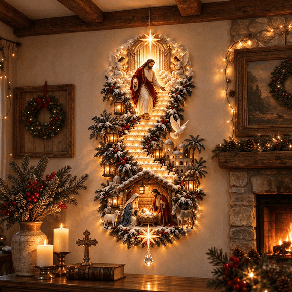 Jesus Light of Heaven Christmas Wall Hanging, Illuminated Nativity Stairway Decor, Religious Christmas Wall Decoration for Home Entryway, Living Room, Hallway and Holiday Display (A)