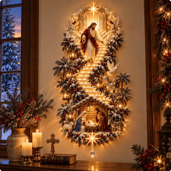 Jesus Light of Heaven Christmas Wall Hanging, Illuminated Nativity Wall Decor with Warm Lighting, Religious Christmas Stairway Decoration for Living Room Entryway and Home (A)