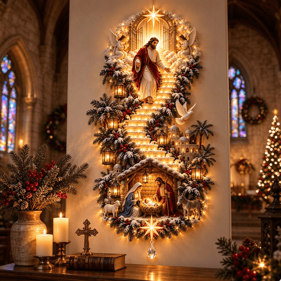 Jesus Light of Heaven Christmas Wall Hanging, Illuminated Religious Nativity Decor for Stairway and Home, Faith Inspired Christmas Decoration for Entryway, Living Room and Hallway (A)