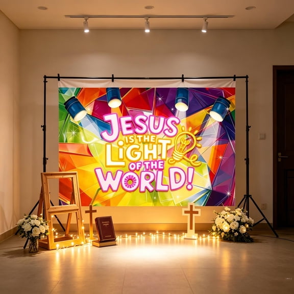 Jesus Is The Light Of The World Christian Banner, Colorful Stained Glass Style Religious Wall Hanging, Faith Scripture Decor Backdrop for Church Sunday School Home Party