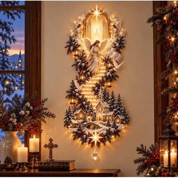 Jesus Light of Heaven Christmas Wall Hanging – Illuminated Nativity Stairway Decor with Heavenly Gate, Radiant Star & Bethlehem Scene