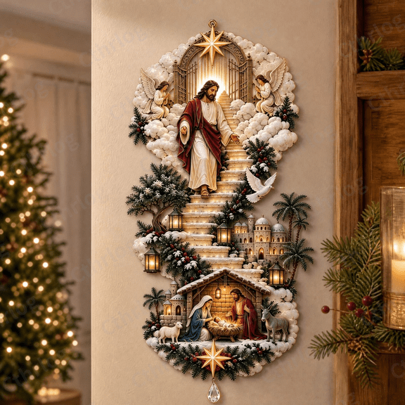 Jesus Light of Heaven Christmas Wall Hanging, Warm LED Lighted Acrylic Art, for Living Room Entryway Fireplace Holiday Display