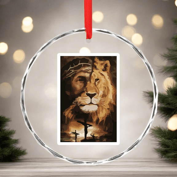 Jesus Lion Cross Faith Circle Glass Ornament Christmas Tree CIRCLE GLASS ORNAMENT Home Decor