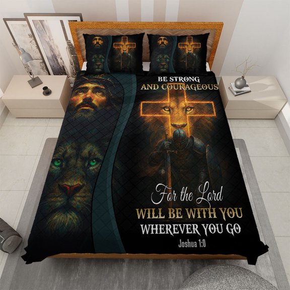 Jesus Lion Cross Quilt Bedding Set – Be Strong and Courageous Bible Verse (Joshua 1:0) Religious Quilt Bed Set for Religious Faith