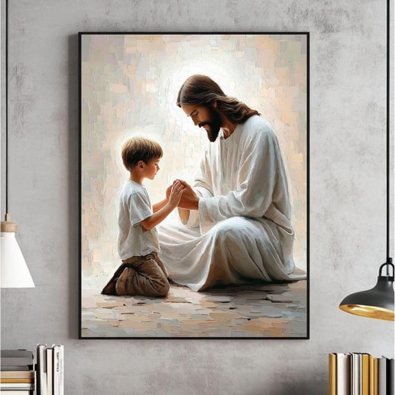 Jesus And Little Boy Praying Wall Art, Christian Painting, Jesus And Boy, Jesus And, Jesus With Children, Jesus, , Bible UNFRAMED PAPER POSTER, Home Decor, Vintage Gift, Living Room Dercor