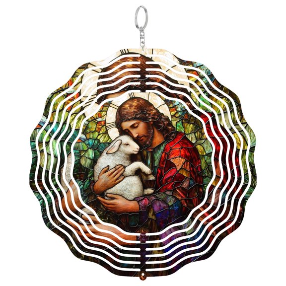 Jesus Little Lamb Metal Wind Spinner, Christian Outdoor Hanging