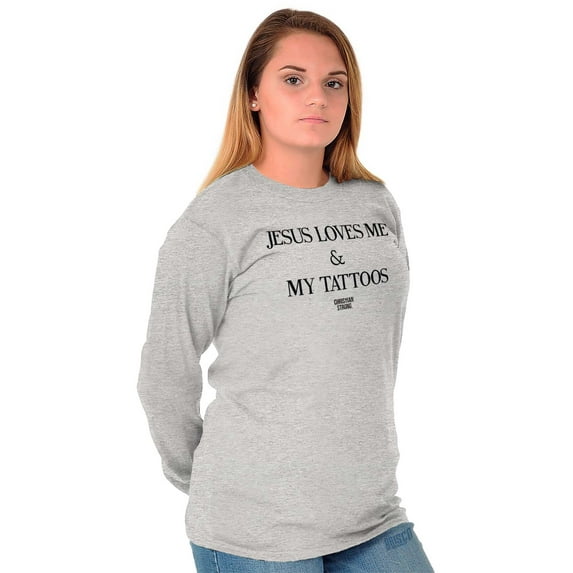 Jesus Love Me and My Tattoos Women Plus Size Long Sleeve Graphic Tee Brisco Brands 3X
