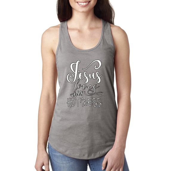 Jesus Love This Hot Mess Inspirational/Christian Ladies Racerback Tank Top, Heather Grey, Small