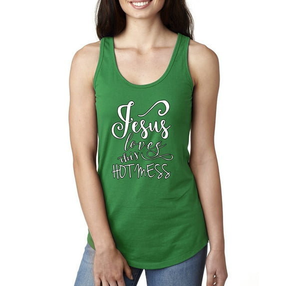 Jesus Love This Hot Mess Inspirational/Christian Ladies Racerback Tank Top, Kelly, Large