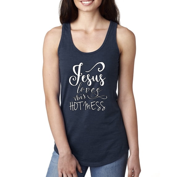 Jesus Love This Hot Mess Inspirational/Christian Ladies Racerback Tank Top, Navy, Small
