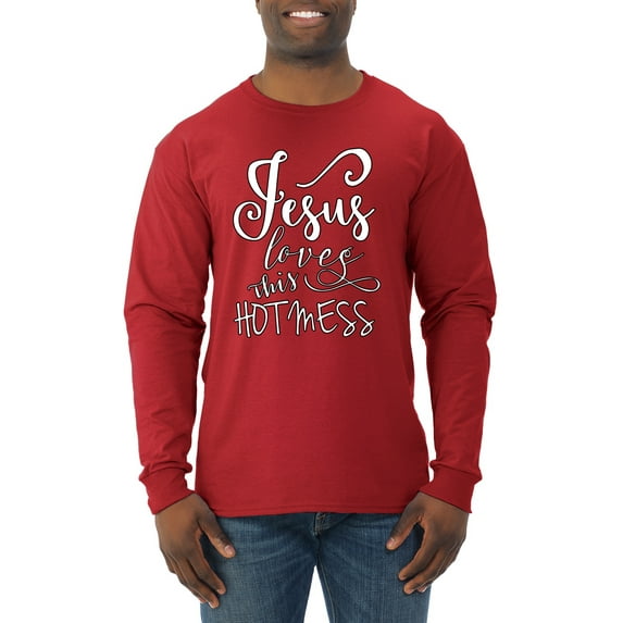 Jesus Love This Hot Mess Inspirational/Christian Mens Long Sleeve Shirt, Red, 3XL