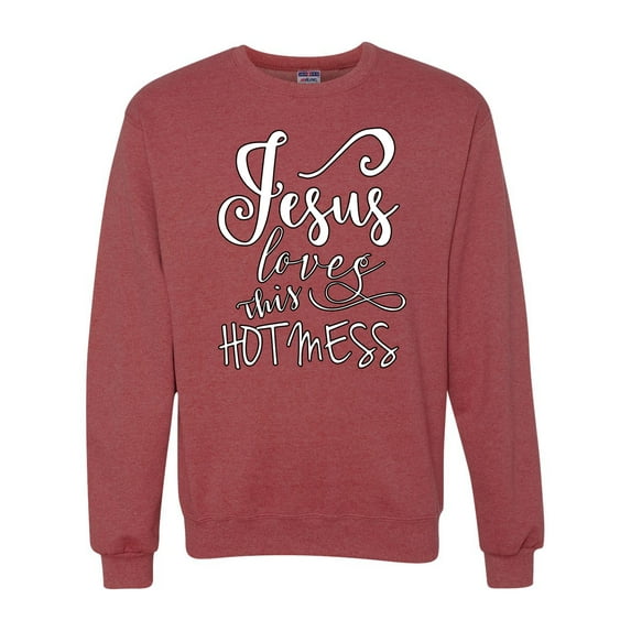 Jesus Love This Hot Mess Inspirational/Christian Unisex Crewneck Graphic Sweatshirt, Vintage Heather Red, Large