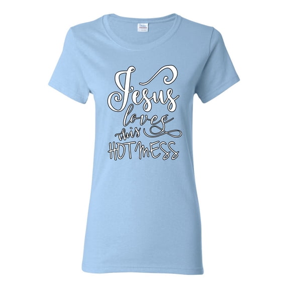 Jesus Love This Hot Mess Inspirational/Christian Womens Graphic T-Shirt, Light Blue, 2XL