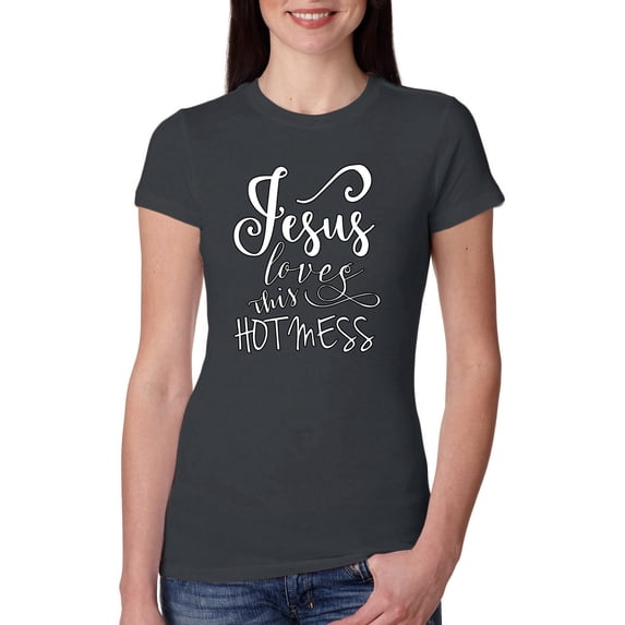 Jesus Love This Hot Mess Inspirational/Christian Womens Slim Fit Junior Tee, Dark Grey, Small
