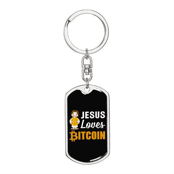 Jesus Loves Bitcoin Crypto Stainless Steel or 18k Gold Premium Swivel Dog Tag Keychain