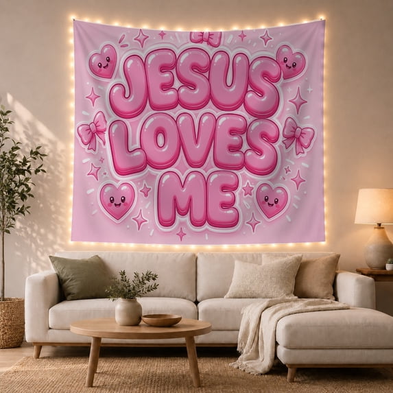 Jesus Loves Me Bubble Text with Smiling Hearts, Joyful Retro Style, Easter Gift for Christian Decor Lovers, Faith Wall Art, Tapestry Wall Hanging for Nursery and Bedroom