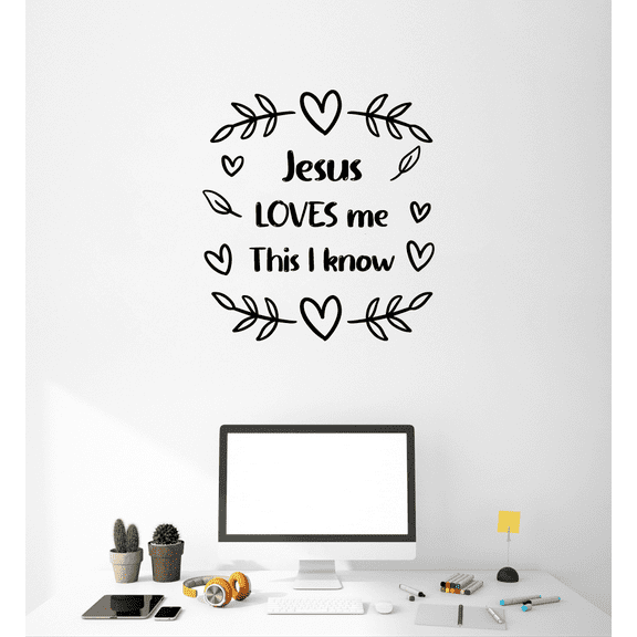 Jesus Loves Me This I Know Song Lyrics Hearts Leaf Religious Religion Christ Saying Quote Wall Decal Wall Art Designs Stickers for Home Room House Decor Vinyl Wall Sticker Decoration (30x30 inch)