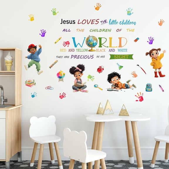 Jesus Loves The Little Children Equality Wall Decal,Peel and Stick Bible Verses Inspirational Quote Wall Sticker,for Kids Bedroom Nursery Playroom Classroom Library Reading Corner Decoration