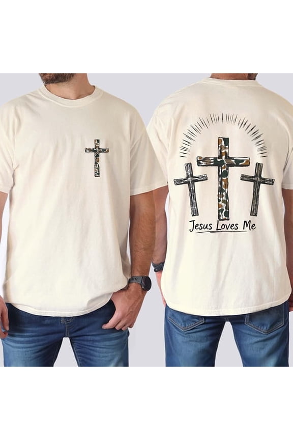 Jesus Loves Me Camo Cross Double Sided T-Shirt – Religious Hunting Camo Graphic Tee, Jesus Cross Faith Shirt for Men & Women