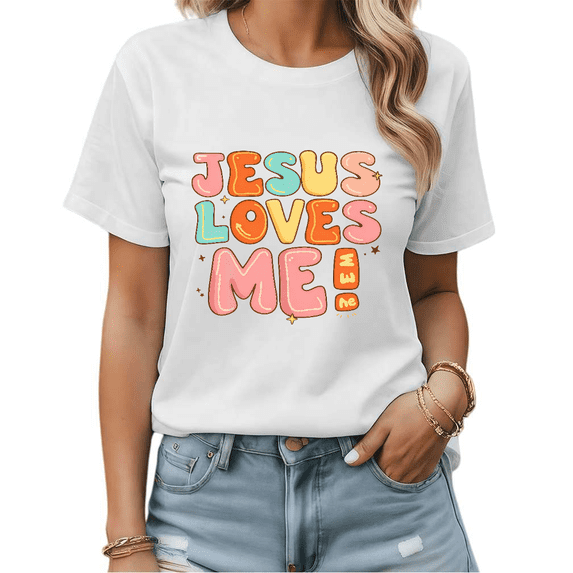 Jesus Loves Me Colorful Bubble Letters Christian Graphic Tees Womans Tshirt Shirts Black White S-5XL Tops